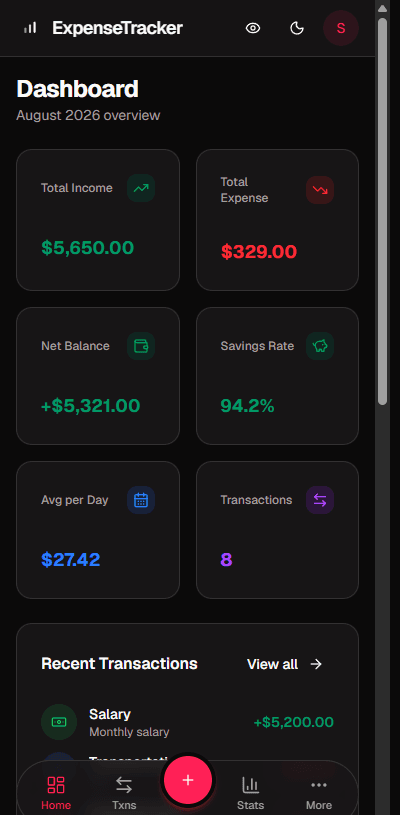 Spendle mobile dashboard (dark mode)
