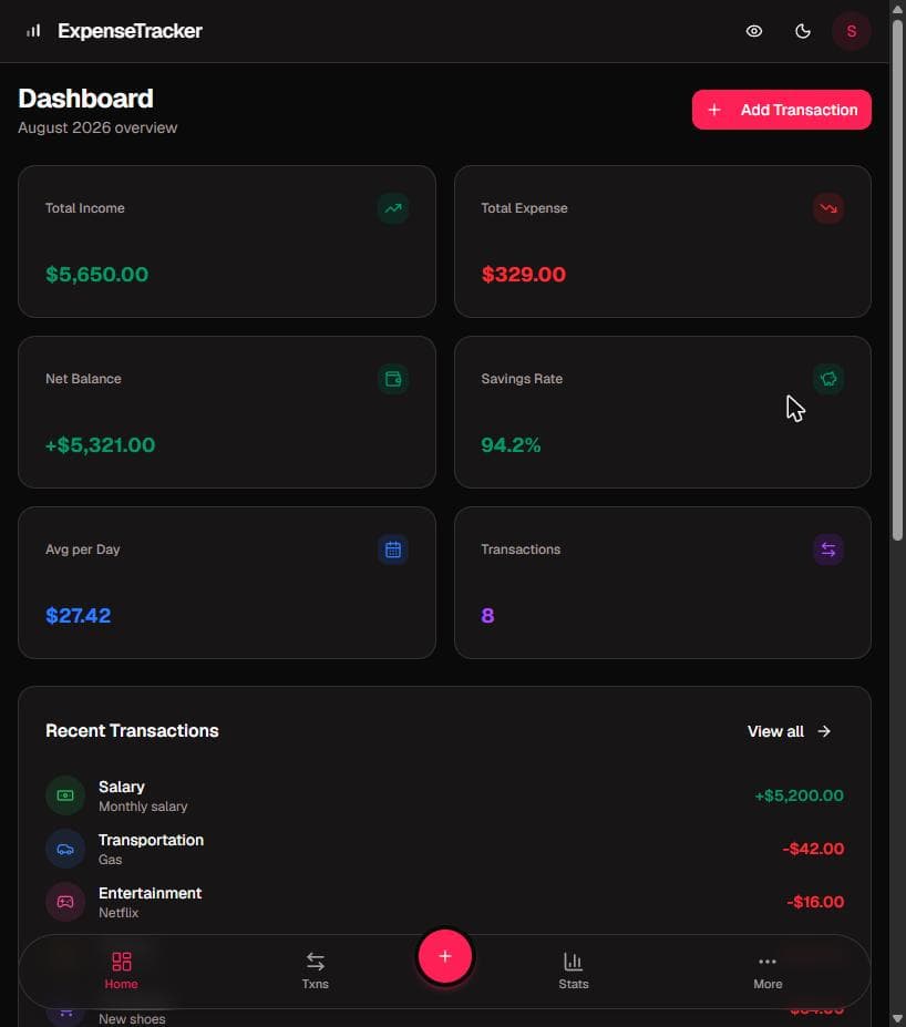 Spendle tablet dashboard (dark mode)