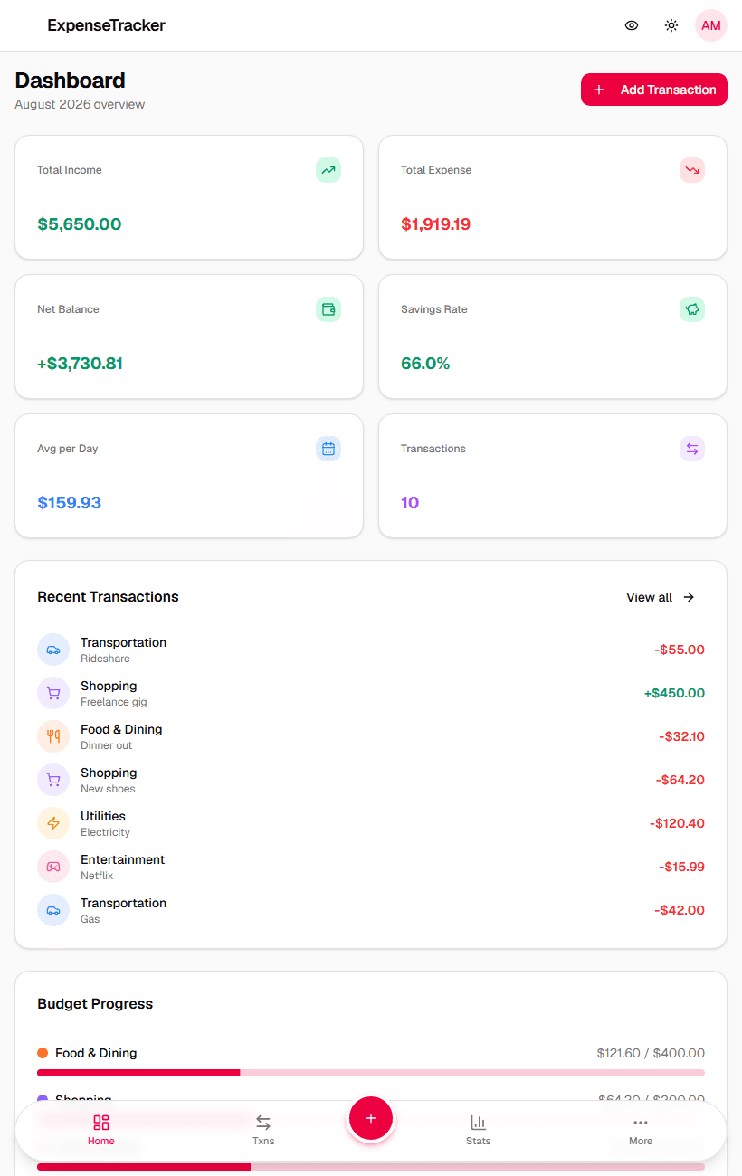 Spendle tablet dashboard (light mode)